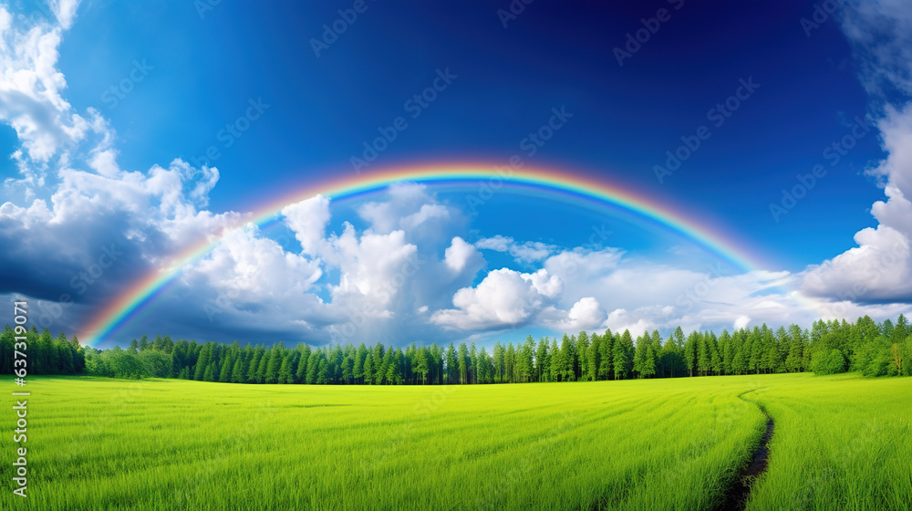 Naklejka premium Rainbow in the Sky Over Green Field.Generative Ai
