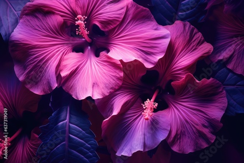 Exotic fluorescent color formation using hibiscus leaves. Flat lay in dynamic purples. Nature concept #637319049