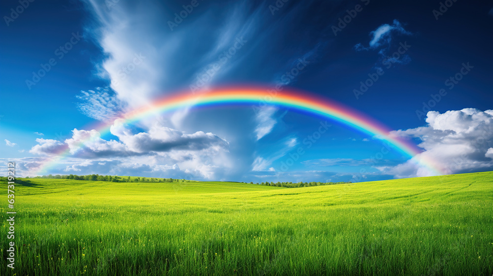 Rainbow in the Sky Over Green Field.Generative Ai Rainbow in the Sky Over Green Field.Generative Ai
