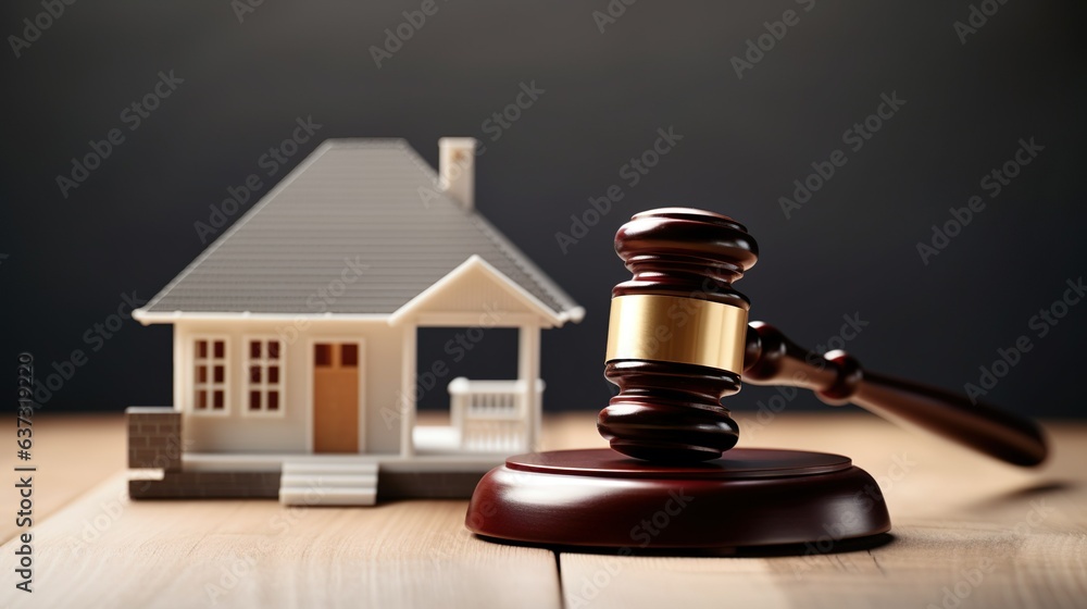 Judicial gavel alongside a model of a residence, generative Ai Judicial gavel alongside a model of a residence, generative Ai