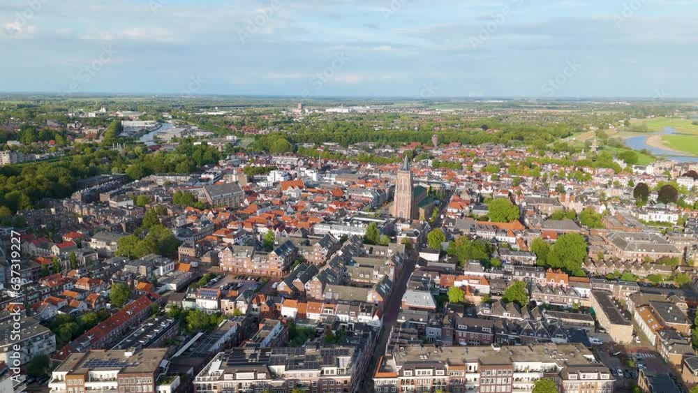 Aerial view of the church and skyline in the city named Gorinchem in the Netherlands Aerial view of the church and skyline in the city named Gorinchem in the Netherlands