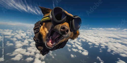 A skydiving dog with his mouth wide open and goggles over his eyes