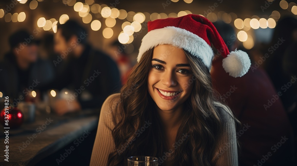 a girl in a Santa hat at a party. Generative AI