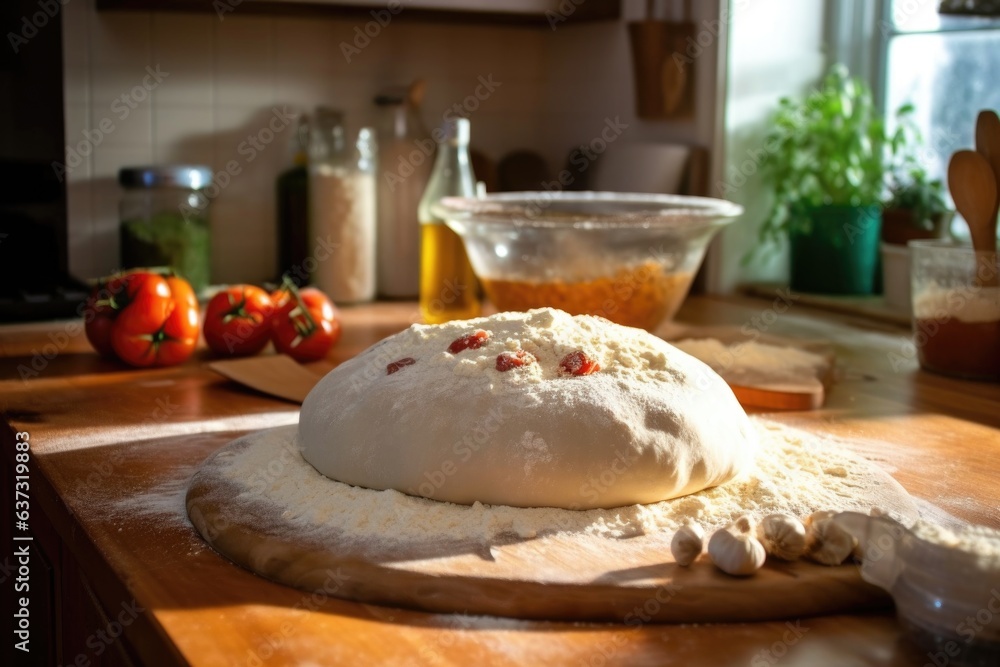 freshly made pizza dough rising on wooden counter freshly made pizza dough rising on wooden counter