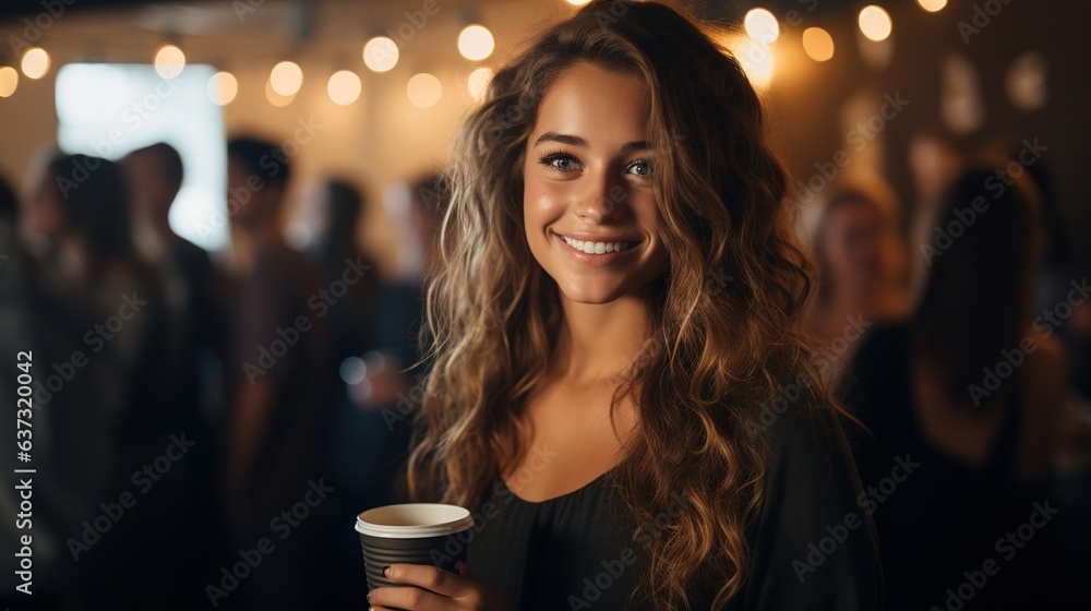A young smiling woman with a cup of coffee at a party. Generative AI A young smiling woman with a cup of coffee at a party. Generative AI