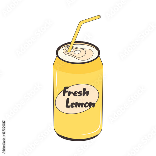 Fresh lemon drink in aluminum can. Soda can. Carbonated water. Beverage in metal container.