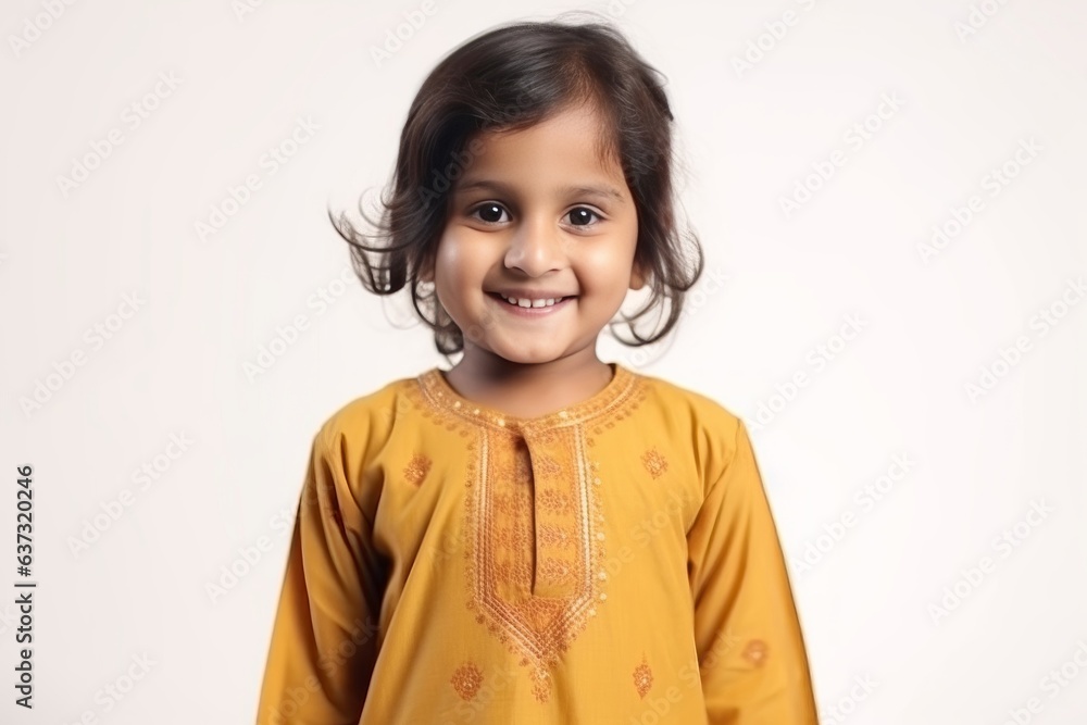 Medium shot portrait of an Indian child female wearing salwar kameez against a white background Medium shot portrait of an Indian child female wearing salwar kameez against a white background