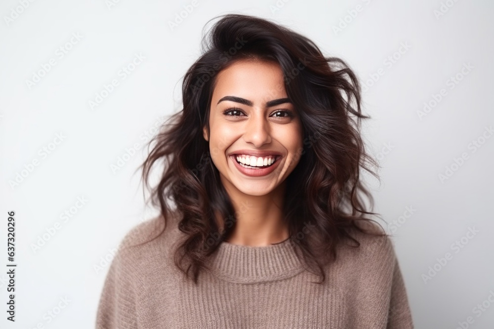 Medium shot portrait of an Indian woman in her 30s against a white background Medium shot portrait of an Indian woman in her 30s against a white background