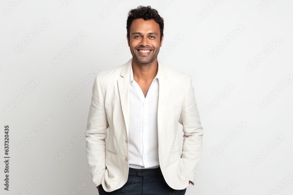 Medium shot portrait of an Indian man in his 30s against a white background Medium shot portrait of an Indian man in his 30s against a white background