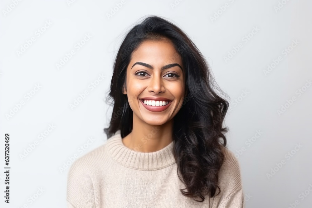 Medium shot portrait of an Indian woman in her 30s against a white background Medium shot portrait of an Indian woman in her 30s against a white background