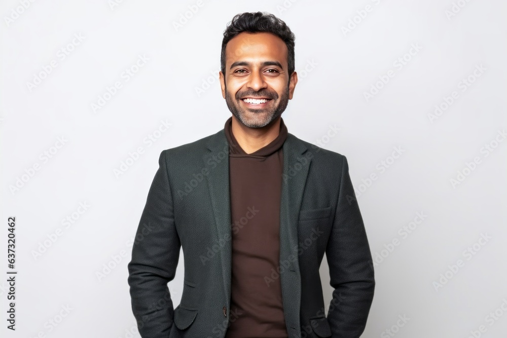 Medium shot portrait of an Indian man in his 30s against a white background Medium shot portrait of an Indian man in his 30s against a white background
