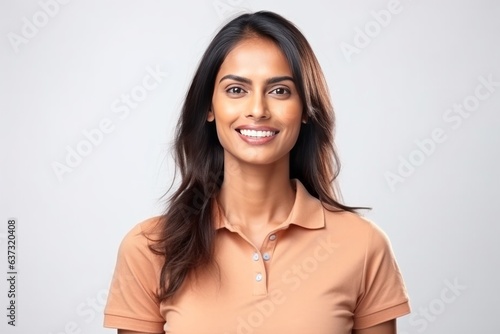 Medium shot portrait of an Indian woman in her 30s wearing a sporty polo shirt against a white background © Anne-Marie Albrecht