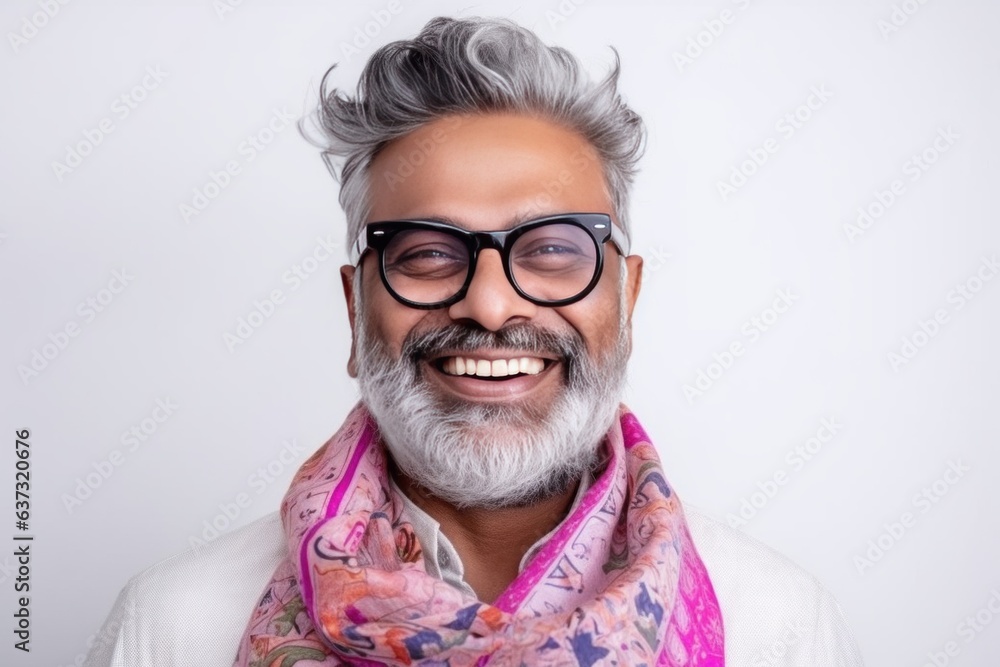 Medium shot portrait of an Indian man in his 50s wearing a foulard against a white background