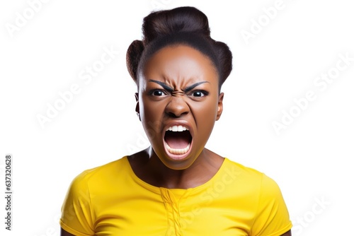 Anger African Woman In A Yellow Polo Shirt On White Background. African Womens Emotions, Anger In Nonwestern Cultures, The Color Yellow, White Background Portraits photo