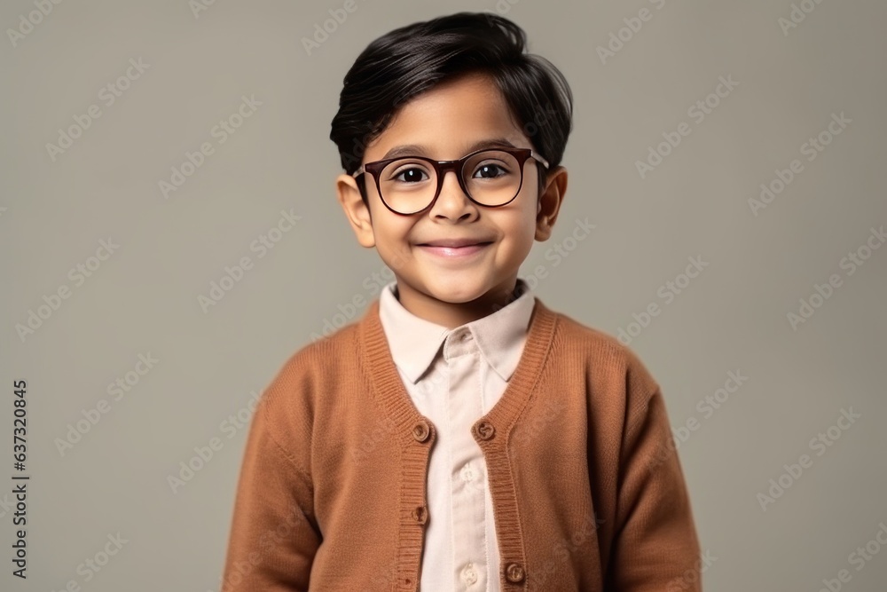 Medium shot portrait of an Indian child male in a minimalist background