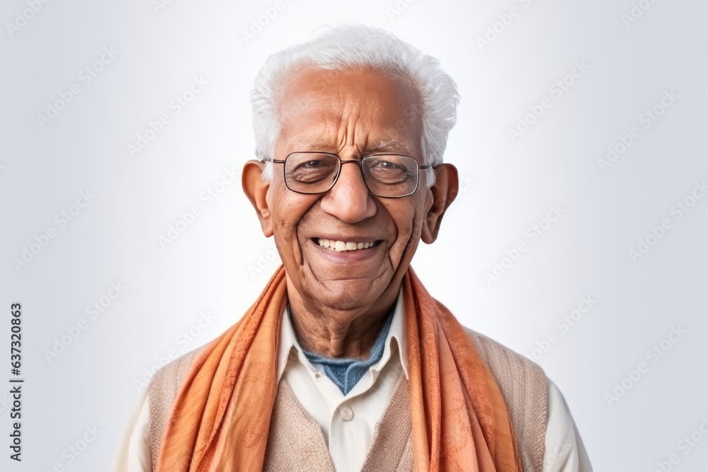 Medium shot portrait of an Indian man in his 90s against a white background Medium shot portrait of an Indian man in his 90s against a white background