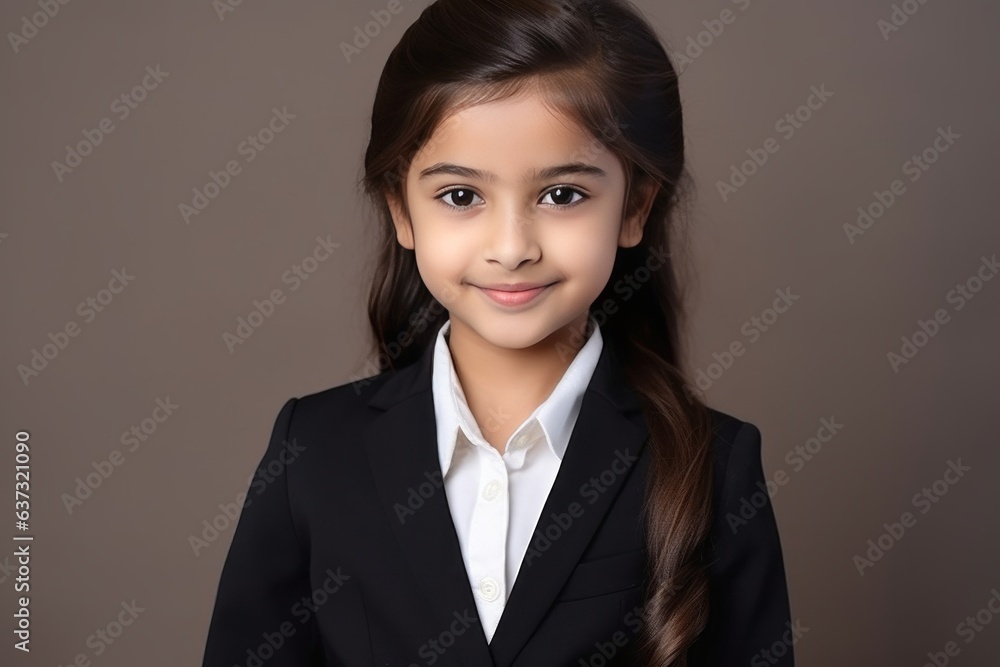 Medium shot portrait of an Indian child female wearing a sleek suit in a minimalist background Medium shot portrait of an Indian child female wearing a sleek suit in a minimalist background