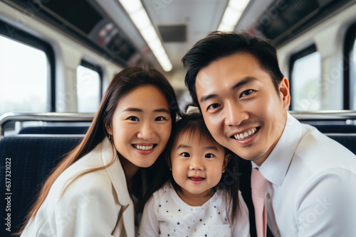 Asian Mother Father And Daughter Sit In A White Suits On On A Train . © Ян Заболотний