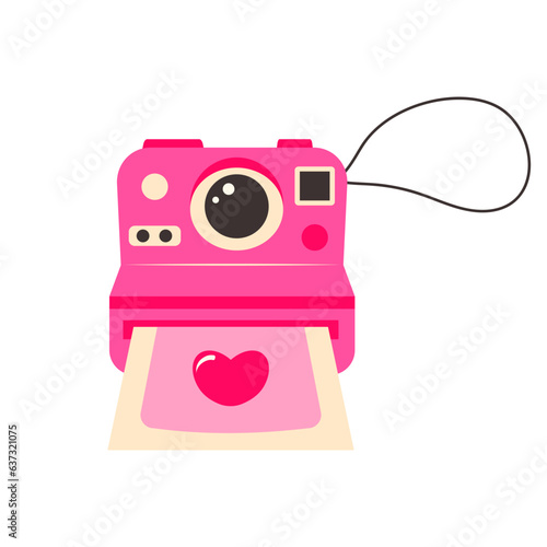 Cute pink retro photo camera with strap. Photo snapshot with a heart. Old vintage device 80s, 90s nostalgia.
