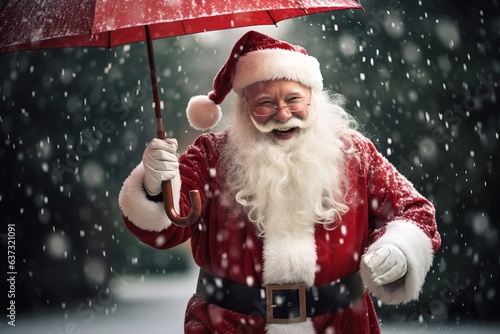 Lustiger Weihnachtsmann mit Regenschirm im Schnee. 