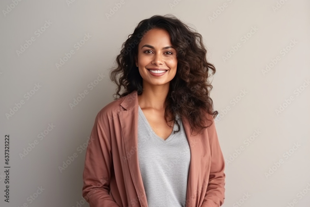 Medium shot portrait of an Indian woman in her 30s in a minimalist background