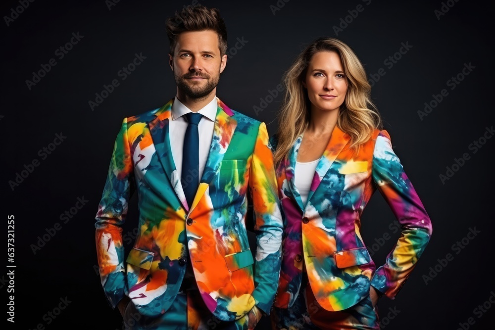 Man And Woman Stand In A Colorfull Suits On Black Background. Fashion, Color, Gender Roles, Morale