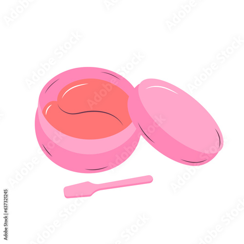 Cute pink hydrogel eye patches. Glamour cosmetic product for skincare. Glossy beauty pads in a plastic container with applicator. Cartoon flat icon.