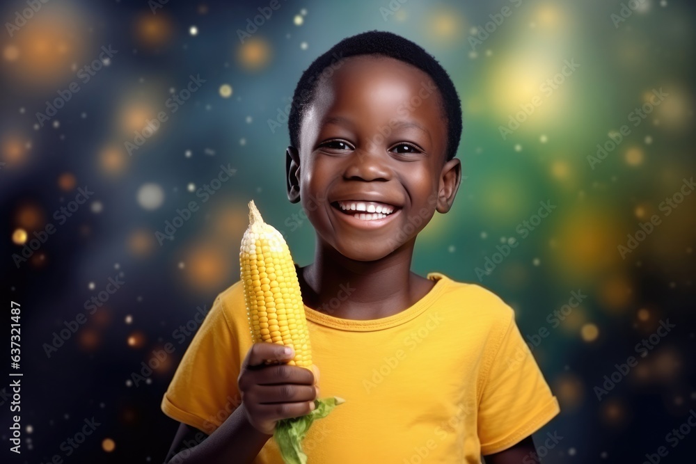 Happiness African Boy Holds And Eats Corn On The Cob On Galaxy Stars Background . Happiness And Corn, African Boys In The Stars, Embracing Joy Of Life, Eating And Enjoying Food - obrazy, fototapety, plakaty 