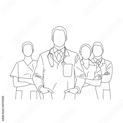 Group of medical staff. Male and Female health workers are isolated on a white background. Medical workers vector line drawing of a team of doctors. 