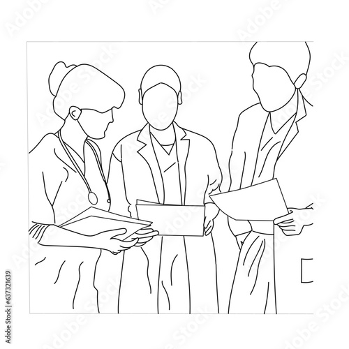 Group of medical staff. Male and Female health workers are isolated on a white background. Medical workers vector line drawing of a team of doctors.

