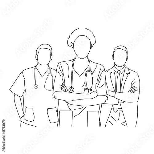 Group of medical staff. Male and Female health workers are isolated on a white background. Medical workers vector line drawing of a team of doctors.
