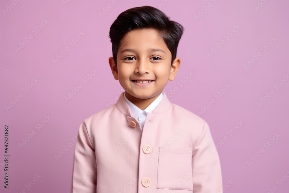 Portrait of a cute little boy in pink suit against purple background Portrait of a cute little boy in pink suit against purple background