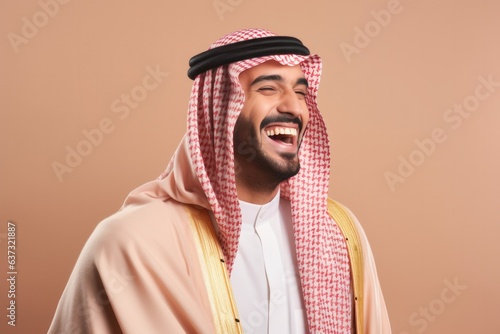 Happiness Arab Man In A Beige Coat On Pastel Background . Middle Eastern Male Empowerment, Happy Mindset During Challenging Times, Confidence Of Wearing Neutral Colors, Making Your Own Luck