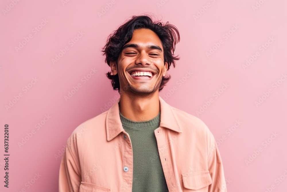 Portrait of a happy young indian man laughing on pink background Portrait of a happy young indian man laughing on pink background