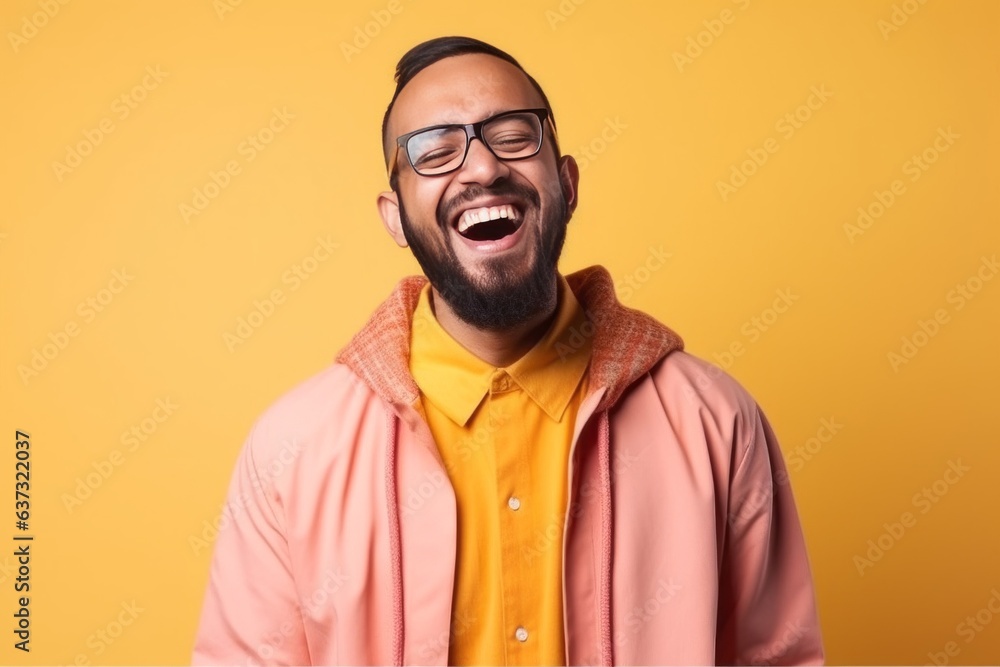 Fototapeta premium Medium shot portrait of an Indian man in his 30s wearing hijab in a colorful background