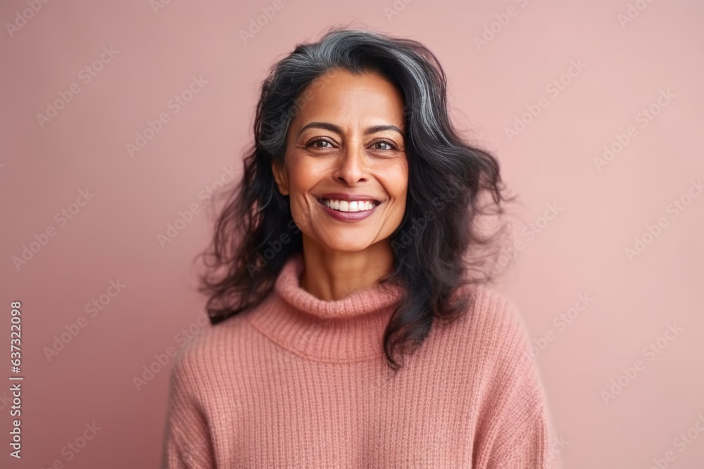 Medium shot portrait of an Indian woman in her 40s in a colorful background Medium shot portrait of an Indian woman in her 40s in a colorful background
