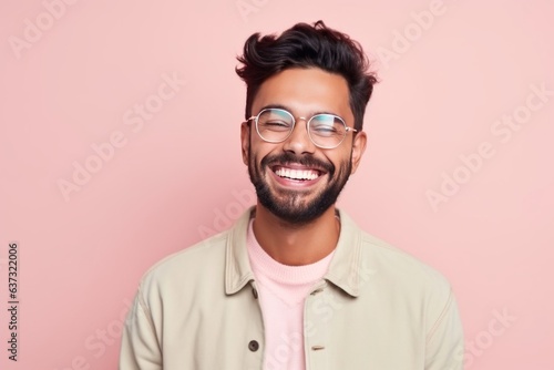Medium shot portrait of an Indian man in his 20s in a colorful background
