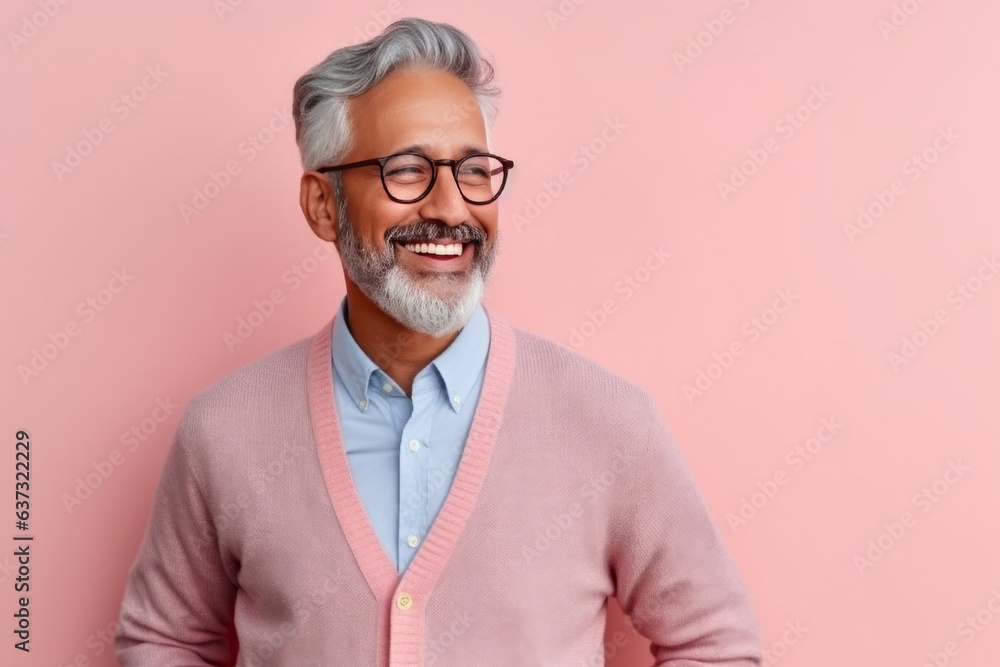 Medium shot portrait of an Indian man in his 50s in a colorful background