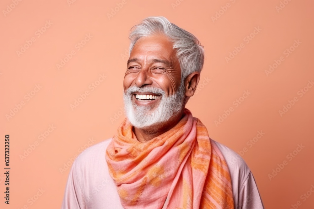 Medium shot portrait of an Indian man in his 50s wearing a foulard in a colorful background Medium shot portrait of an Indian man in his 50s wearing a foulard in a colorful background