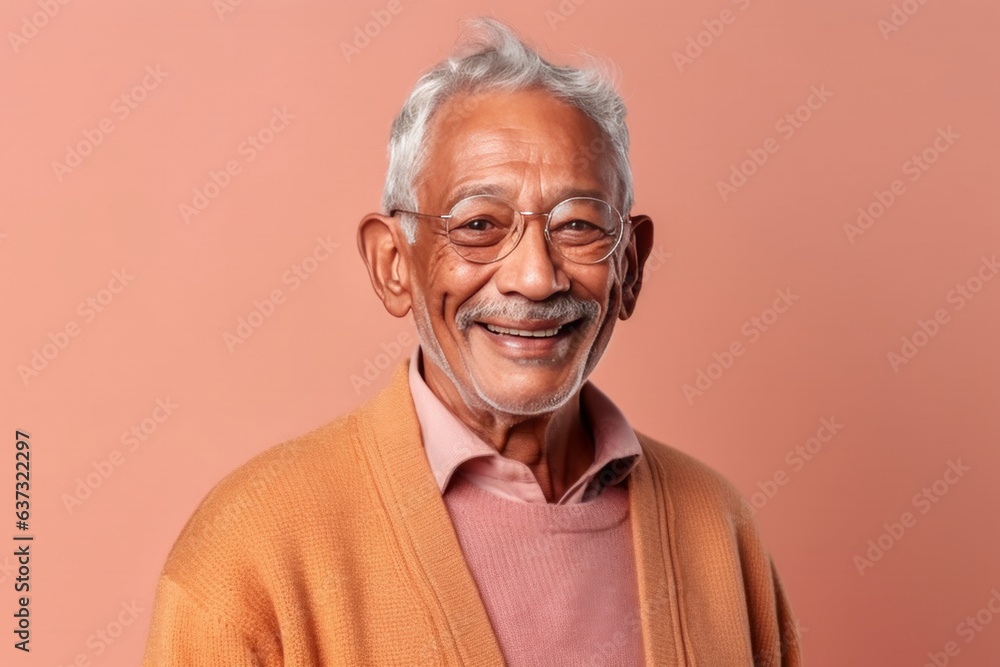 Medium shot portrait of an Indian man in his 70s in a colorful background Medium shot portrait of an Indian man in his 70s in a colorful background