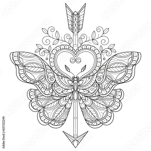 Arrow and heart butterfly hand drawn for adult coloring book