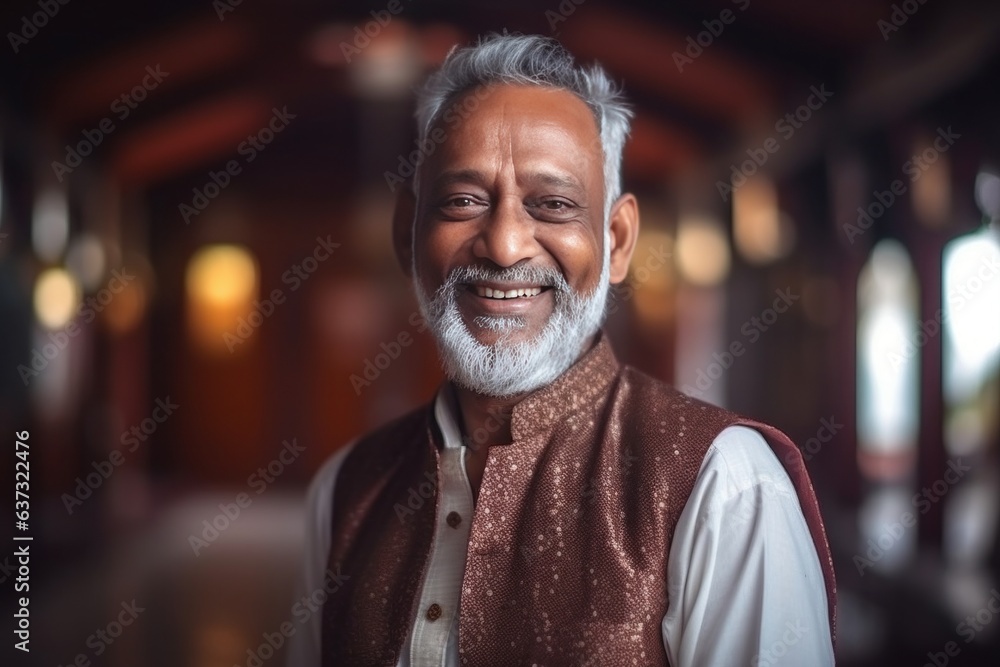 Portrait of senior man smiling at camera in corridor of old house