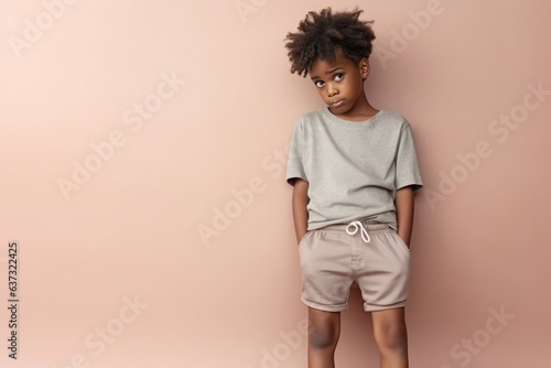 Sadness African Boy In A Gray Shorts On Pastel Background . Сoncept Sadness, African Boy, Gray Shorts, Pastel Background