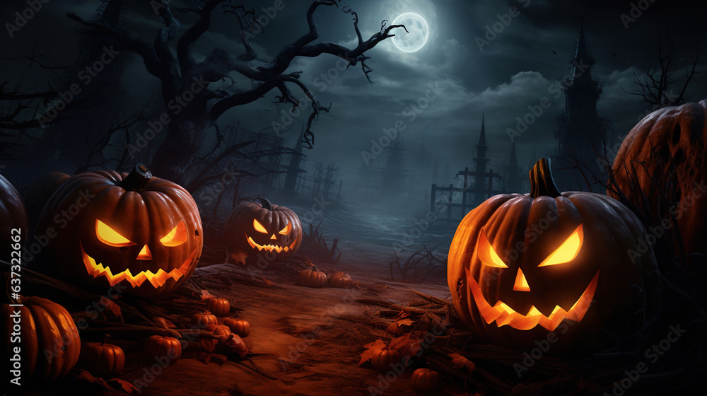 Fototapeta premium Halloween Pumpkins in the Woods.Generative Ai