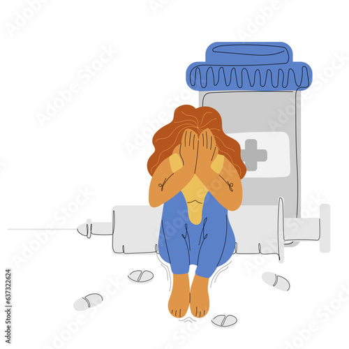 Woman with depression fighting anxiety with antidepressants and hormonal drugs. Syringes with drugs in human addicted to psychotropic injections. Drug Addiction Concept. Psychological healthcare.