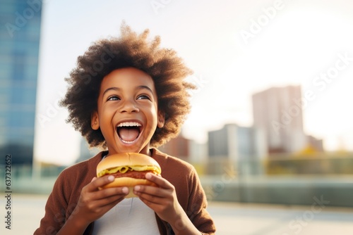 Fotografie, Obraz Surprise African Boy Holds And Eats Cheeseburger On City Background