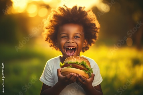Surprise African Boy Holds And Eats Cheeseburger On Nature Landscape Background. Сoncept Surprise, African Boy, Cheeseburger, Nature Landscape