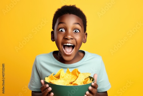 Surprise African Boy Holds And Eats Chips And Dip On Pastel Background .   oncept Chips And Dip  Eating Celebrations  Surprising Kids  African Culture