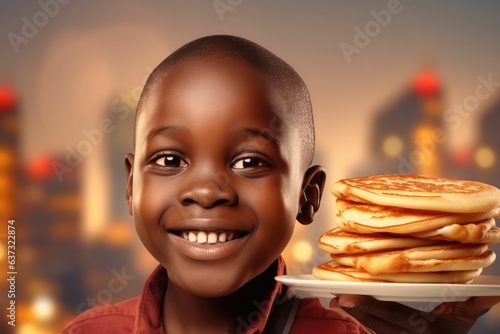 Surprise African Boy Holds And Eats Pancakes On City Background.   oncept African Cuisine  Pancake Breakfast  Surprising Moments  Urban Living