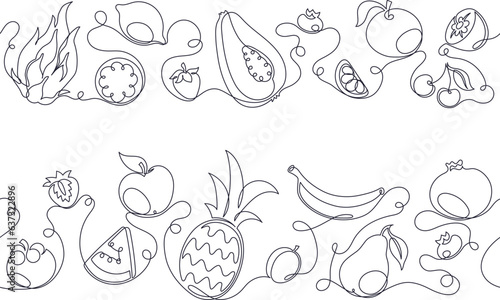 Hand drawn one line style tropical fruit horizontal seamless border. Continuous line borders with fresh organic fruits and berries, monoline sketch for print or packaging design element vector set